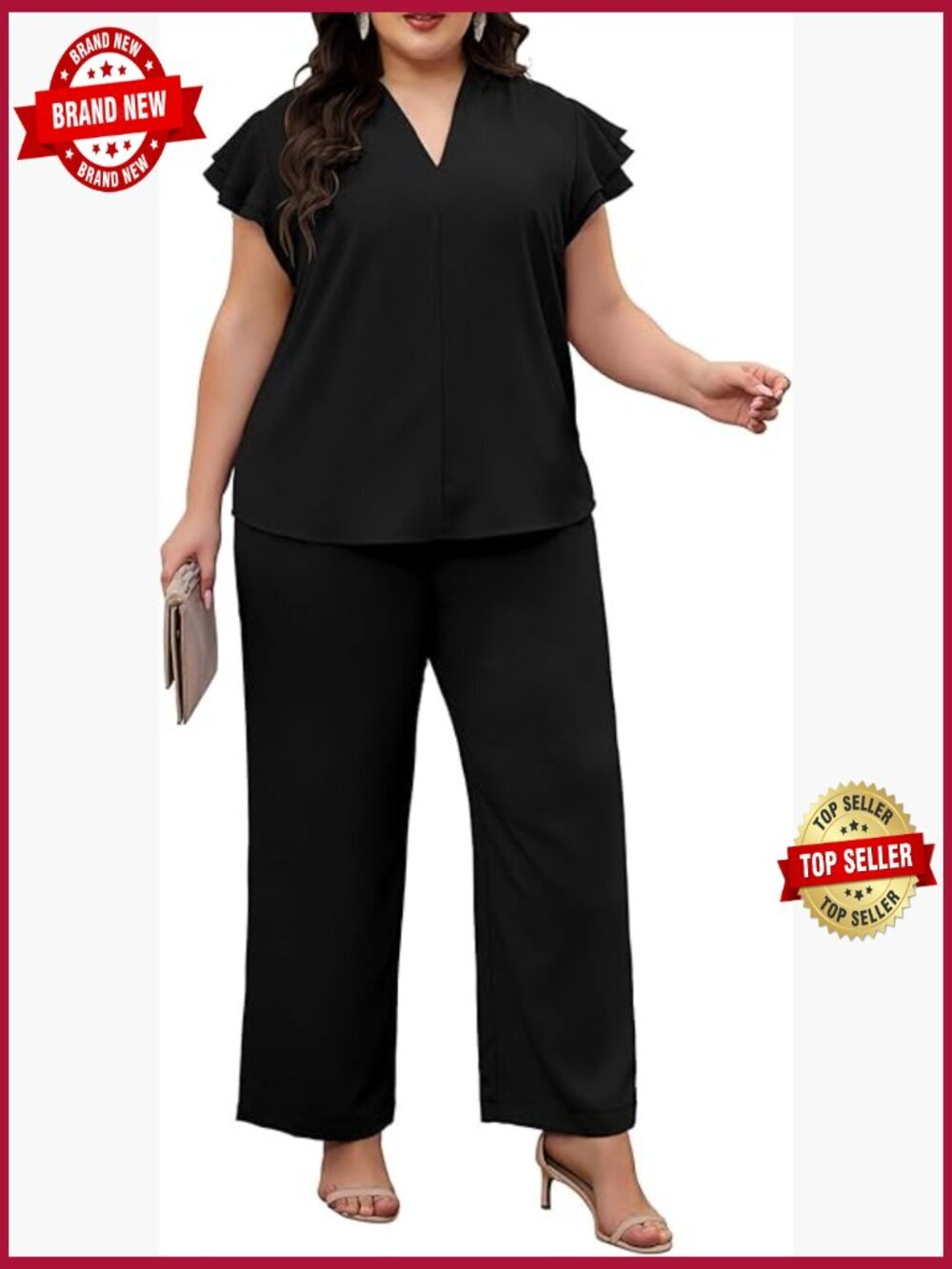 Plus Size 2 Piece Pantsuit Set V Neck Short Sleeve Formal Office Outfit